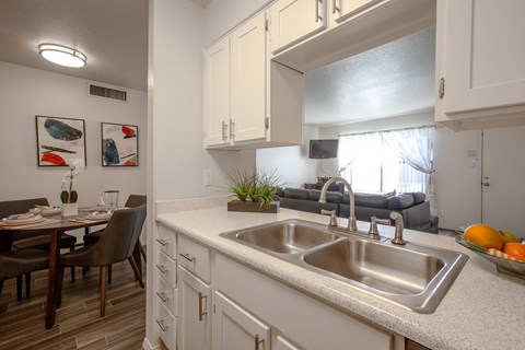 a kitchen and living room with a sink and a dining room table